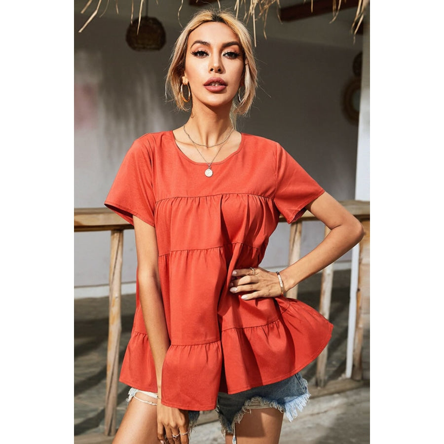 Round Neck Short Sleeve Tiered Blouse Red Orange / S