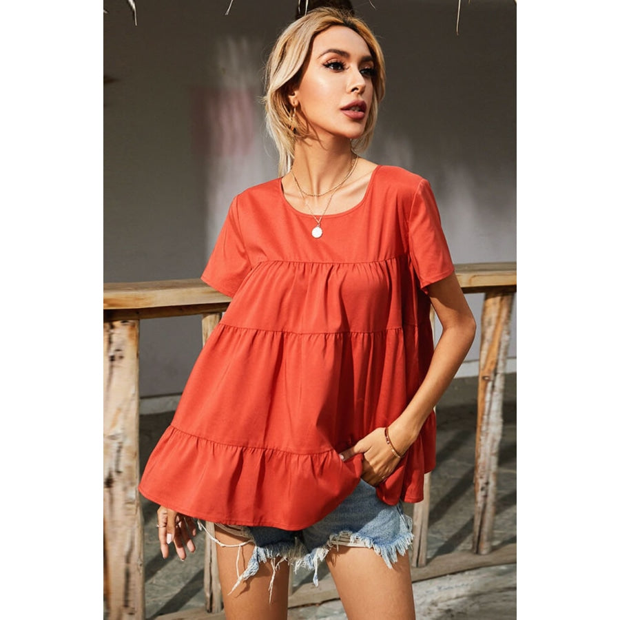 Round Neck Short Sleeve Tiered Blouse