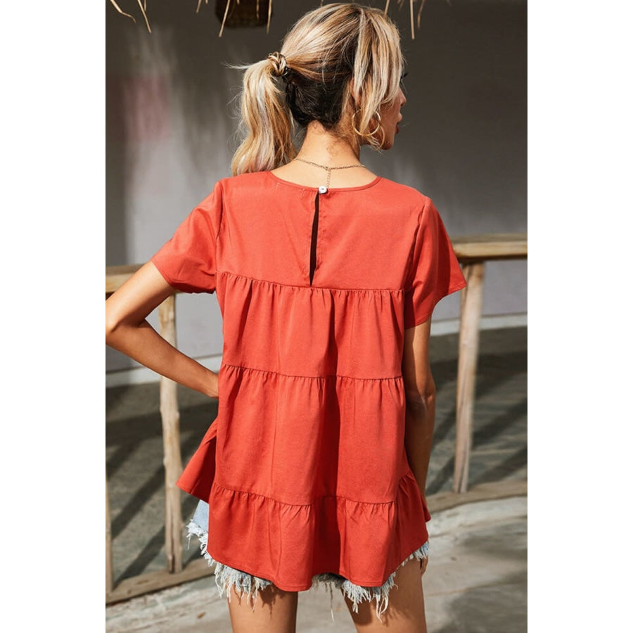 Round Neck Short Sleeve Tiered Blouse