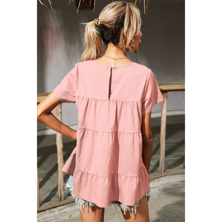 Round Neck Short Sleeve Tiered Blouse