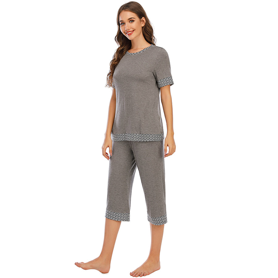 Round Neck Short Sleeve Top and Capris Pants Lounge Set Apparel Accessories