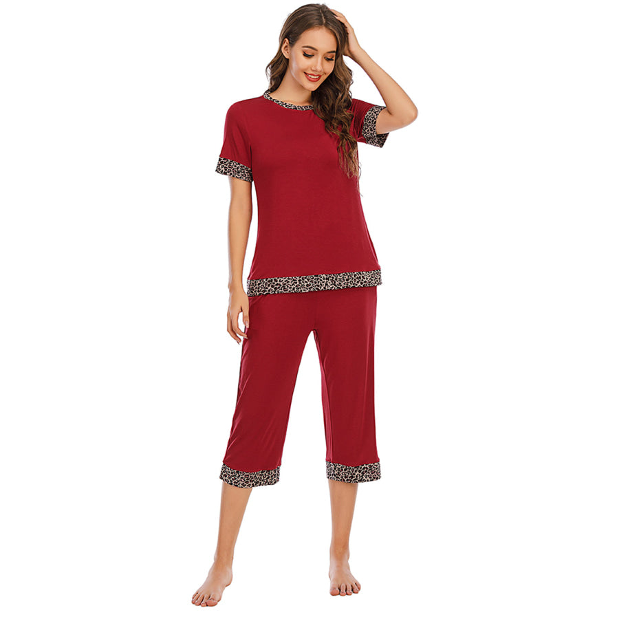 Round Neck Short Sleeve Top and Capris Pants Lounge Set Apparel Accessories