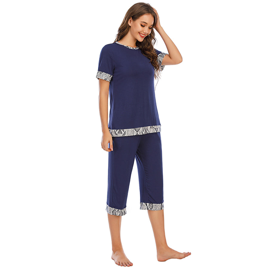 Round Neck Short Sleeve Top and Capris Pants Lounge Set Apparel Accessories