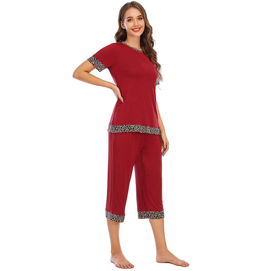 Round Neck Short Sleeve Top and Capris Pants Lounge Set Apparel Accessories