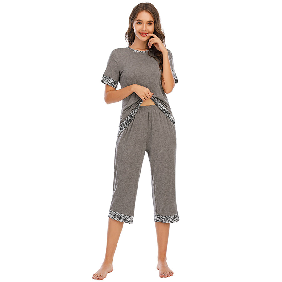 Round Neck Short Sleeve Top and Capris Pants Lounge Set Apparel Accessories