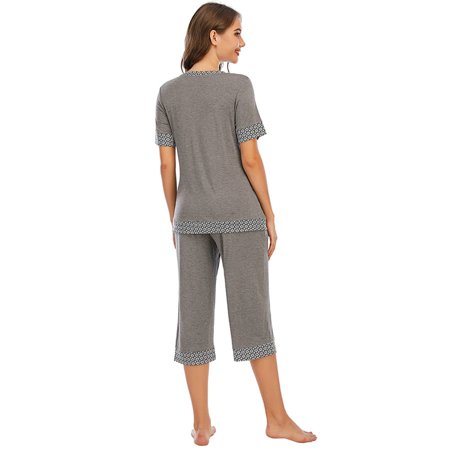 Round Neck Short Sleeve Top and Capris Pants Lounge Set Apparel Accessories