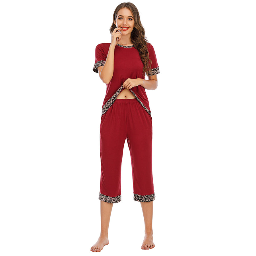 Round Neck Short Sleeve Top and Capris Pants Lounge Set Apparel Accessories