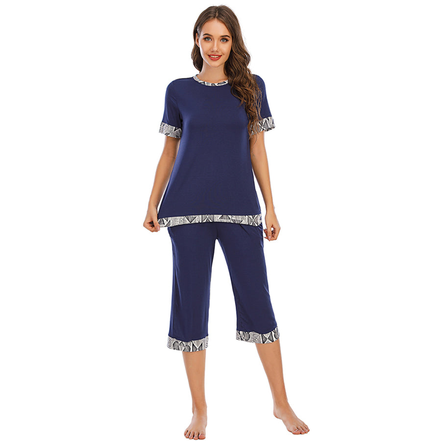 Round Neck Short Sleeve Top and Capris Pants Lounge Set Apparel Accessories