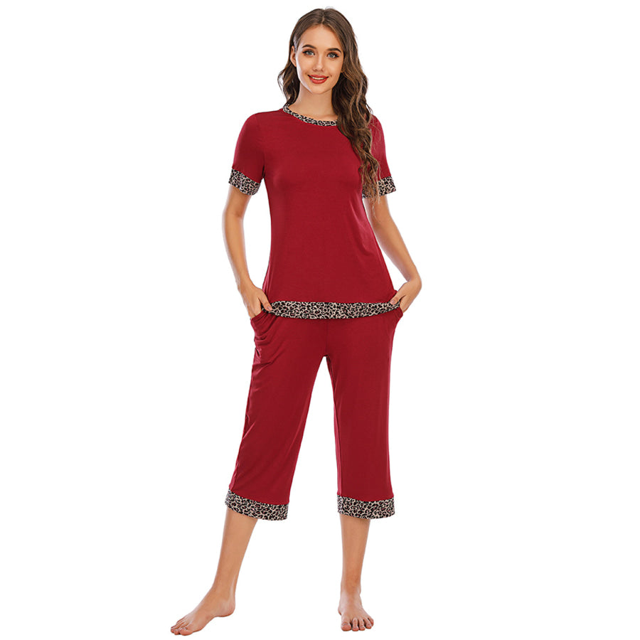 Round Neck Short Sleeve Top and Capris Pants Lounge Set Apparel Accessories