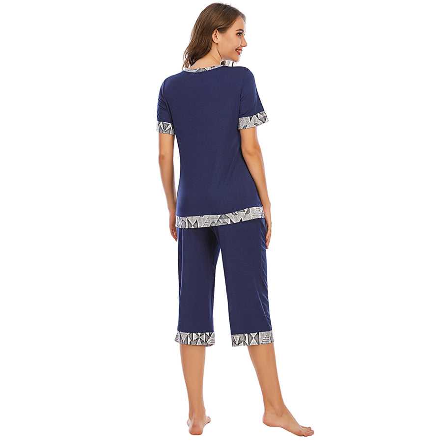 Round Neck Short Sleeve Top and Capris Pants Lounge Set Apparel Accessories