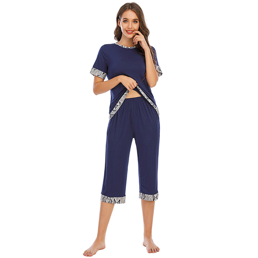 Round Neck Short Sleeve Top and Capris Pants Lounge Set Apparel Accessories