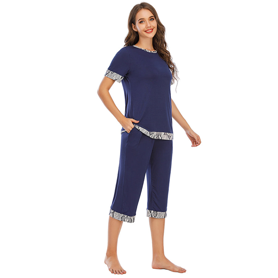 Round Neck Short Sleeve Top and Capris Pants Lounge Set Apparel Accessories