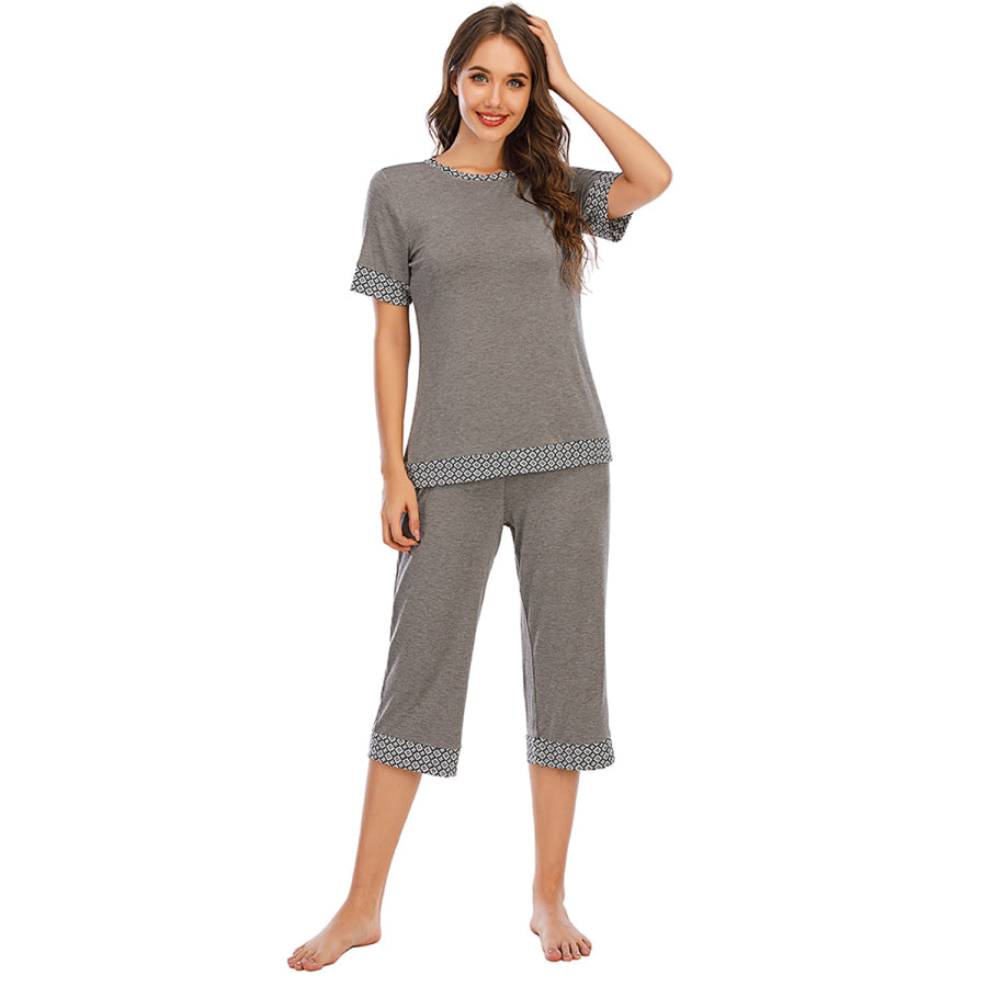 Round Neck Short Sleeve Top and Capris Pants Lounge Set Apparel Accessories