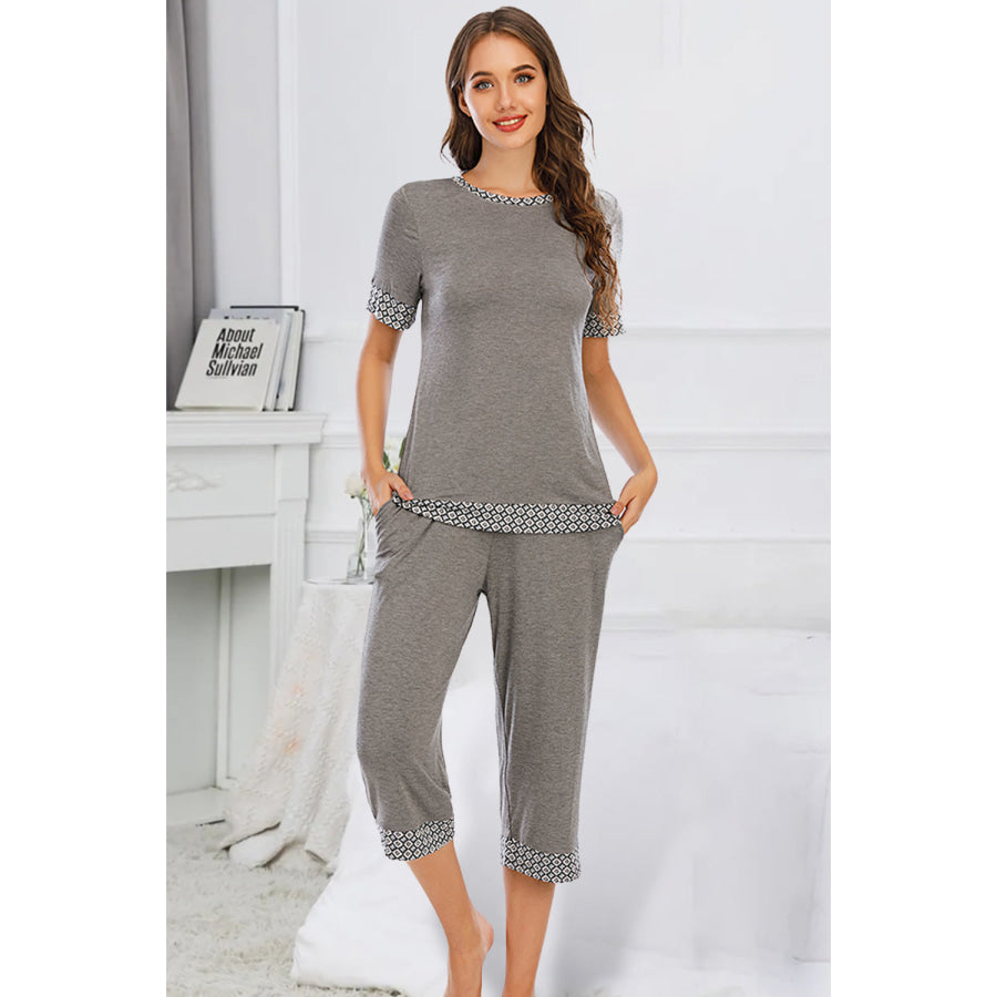 Round Neck Short Sleeve Top and Capris Pants Lounge Set Charcoal / S Apparel Accessories