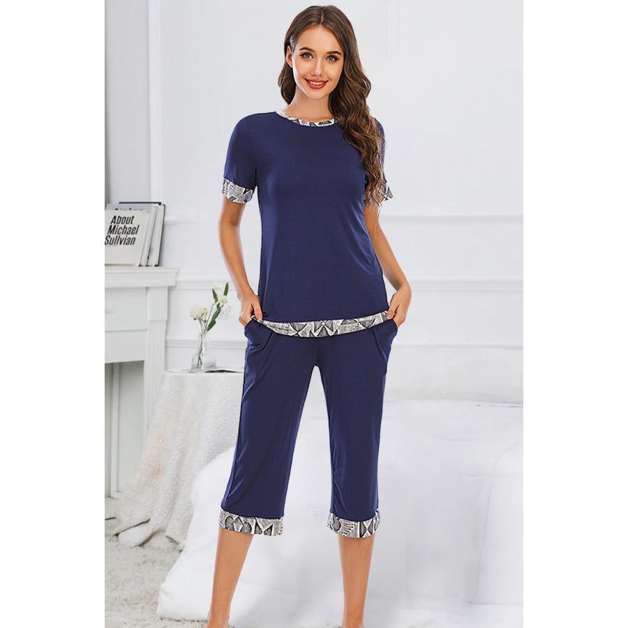 Round Neck Short Sleeve Top and Capris Pants Lounge Set Navy / S Apparel Accessories