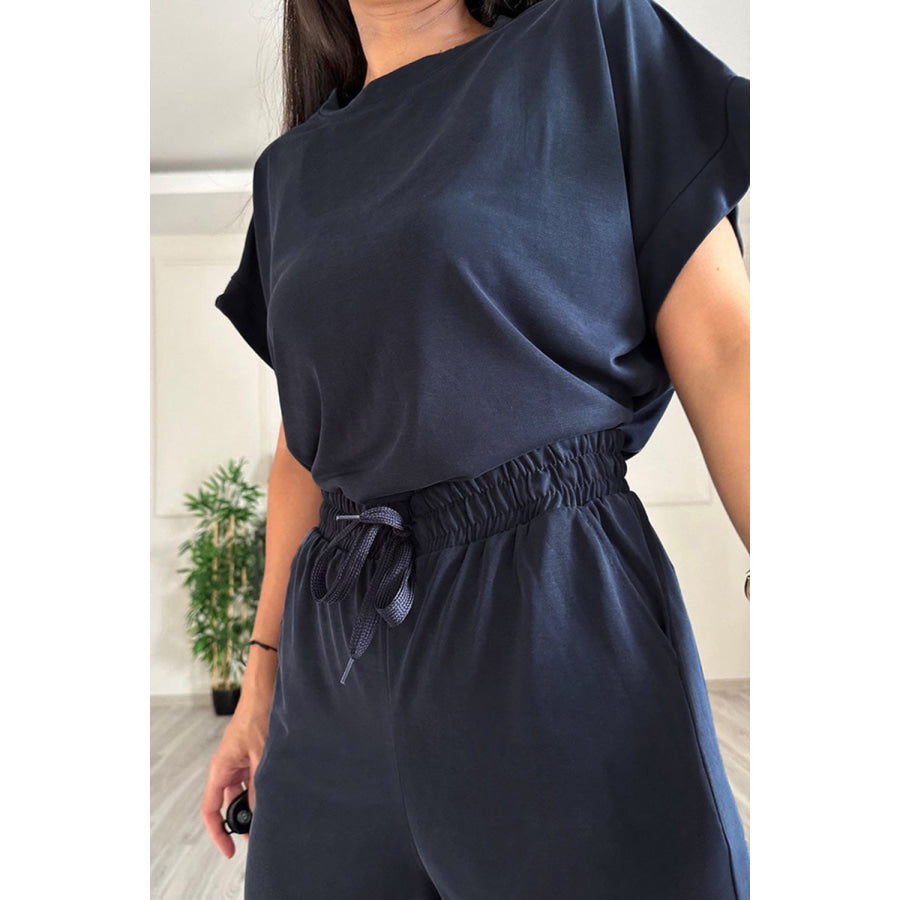 Round Neck Short Sleeve Top and Drawstring Pants Set Apparel and Accessories