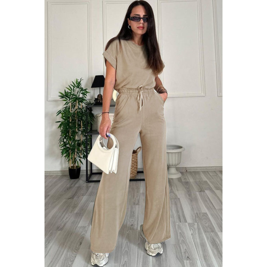 Round Neck Short Sleeve Top and Drawstring Pants Set Apparel and Accessories