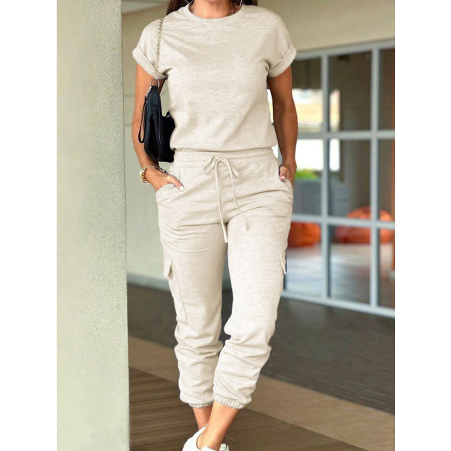 Round Neck Short Sleeve Top and Drawstring Pants Set Apparel and Accessories