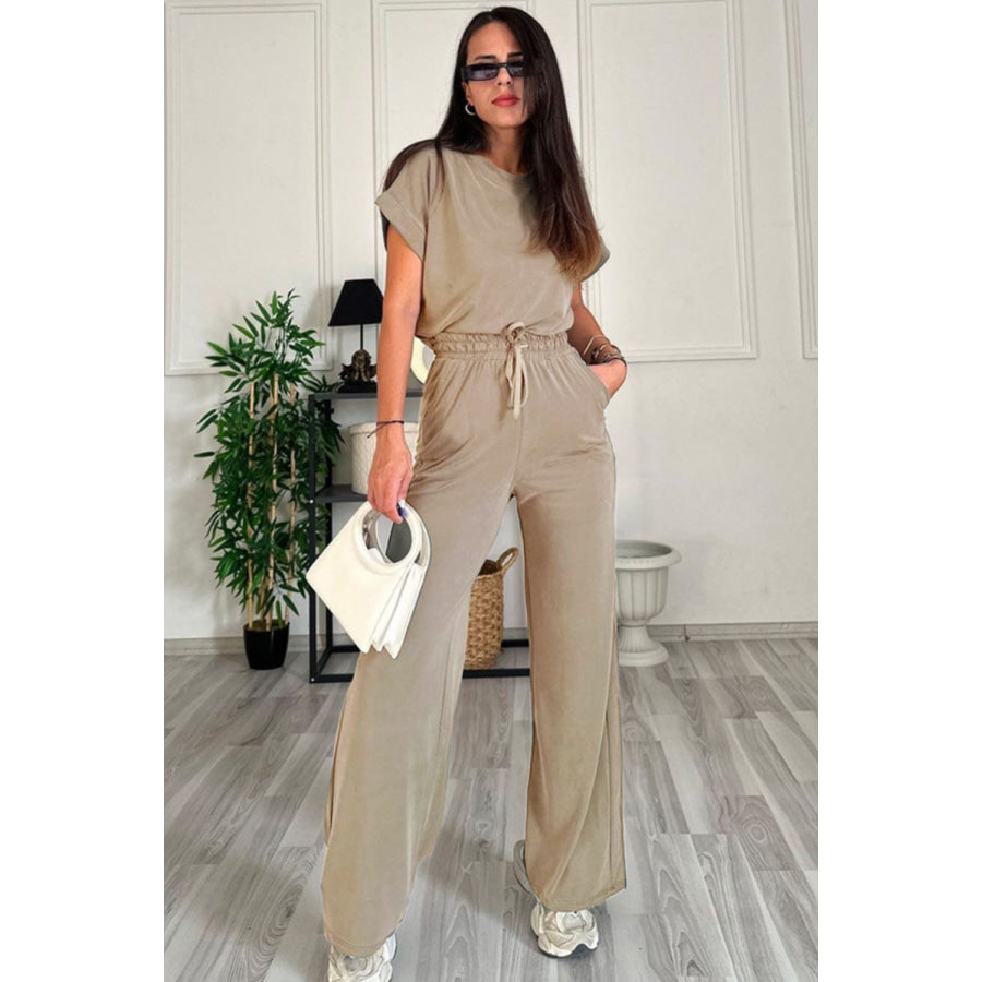 Round Neck Short Sleeve Top and Drawstring Pants Set Apparel and Accessories