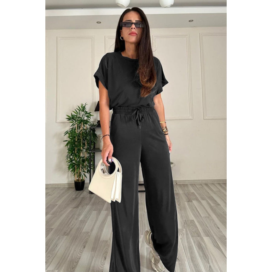 Round Neck Short Sleeve Top and Drawstring Pants Set Black / S Apparel and Accessories