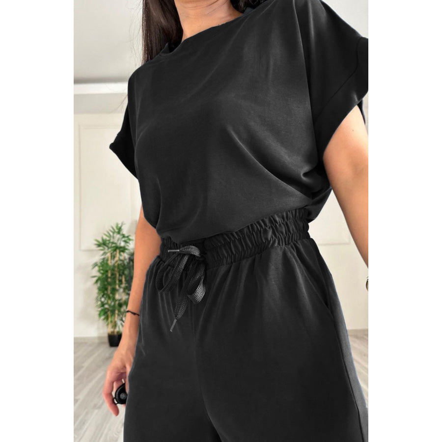 Round Neck Short Sleeve Top and Drawstring Pants Set Apparel and Accessories