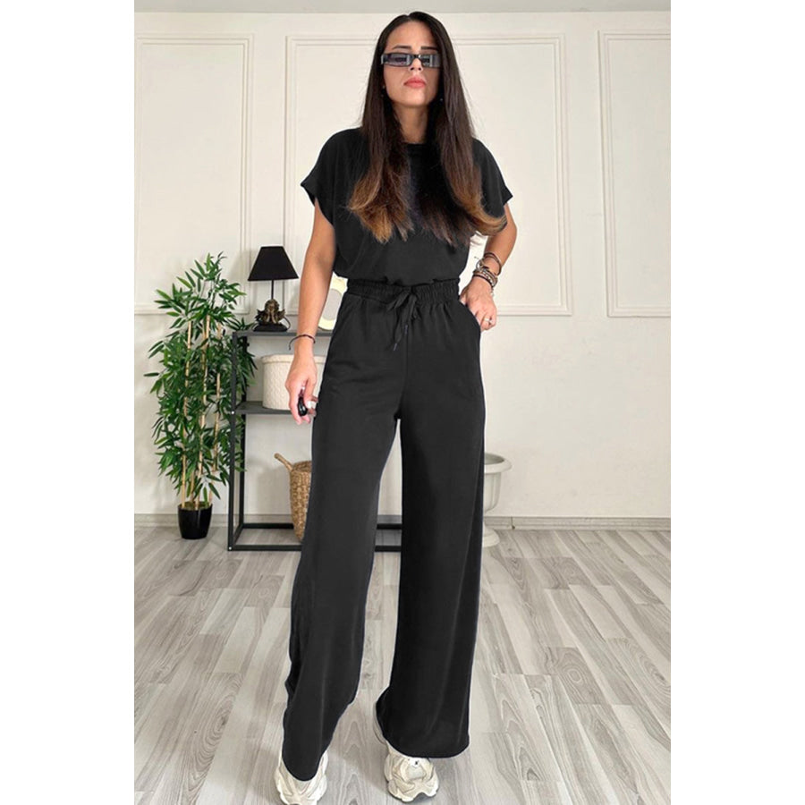 Round Neck Short Sleeve Top and Drawstring Pants Set Black / S Apparel and Accessories