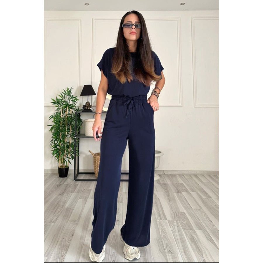 Round Neck Short Sleeve Top and Drawstring Pants Set Dark Blue / S Apparel and Accessories