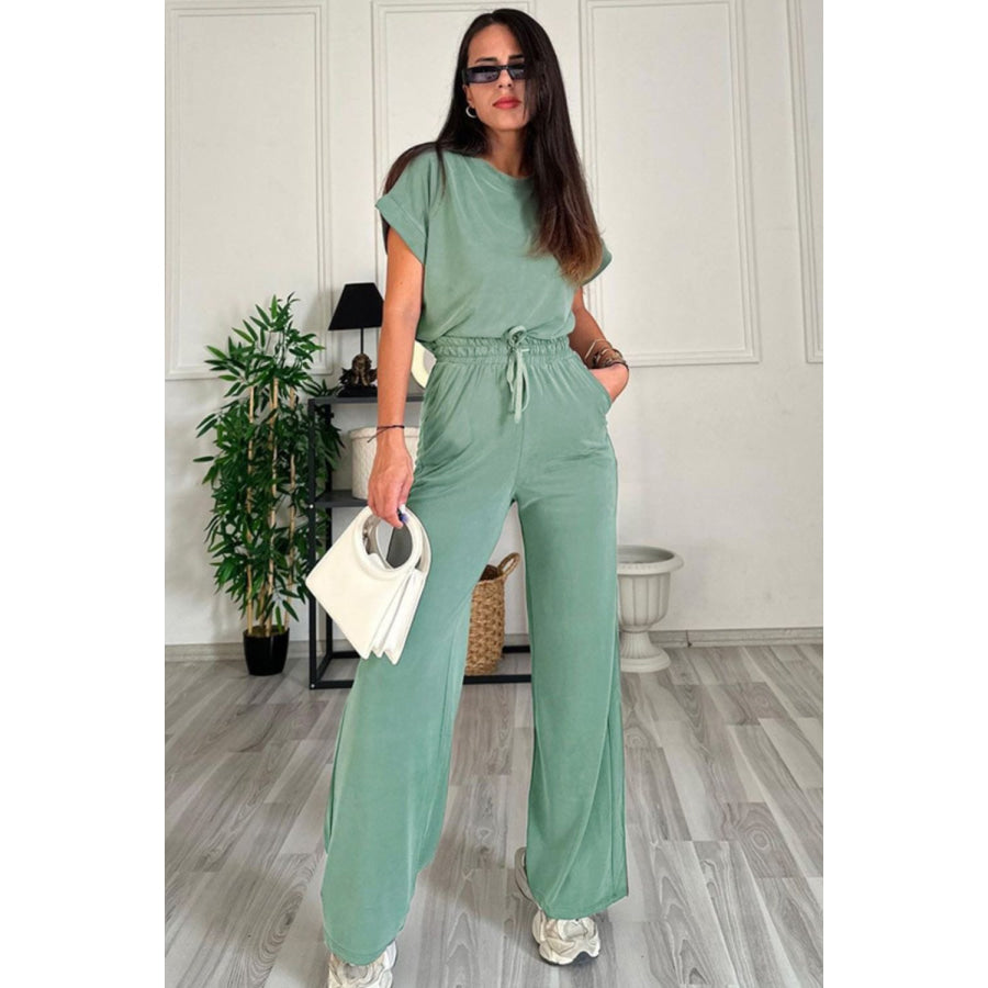 Round Neck Short Sleeve Top and Drawstring Pants Set Gum Leaf / S Apparel and Accessories