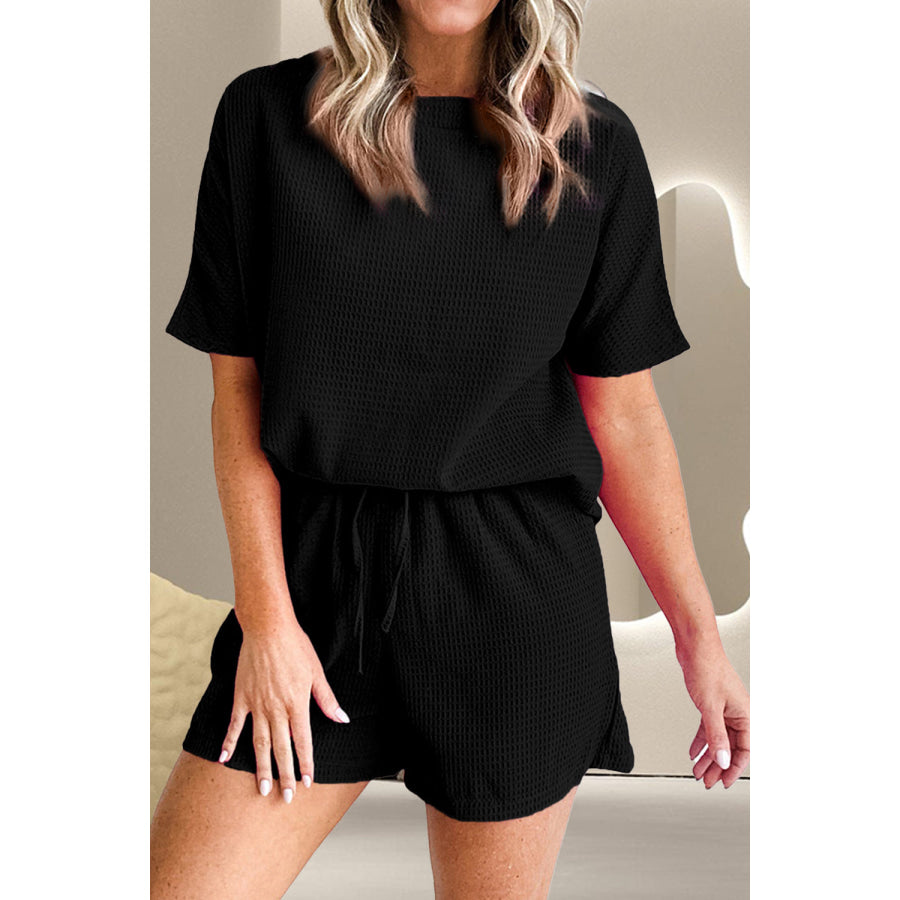 Round Neck Short Sleeve Top and Drawstring Shorts Set Black / S Apparel and Accessories