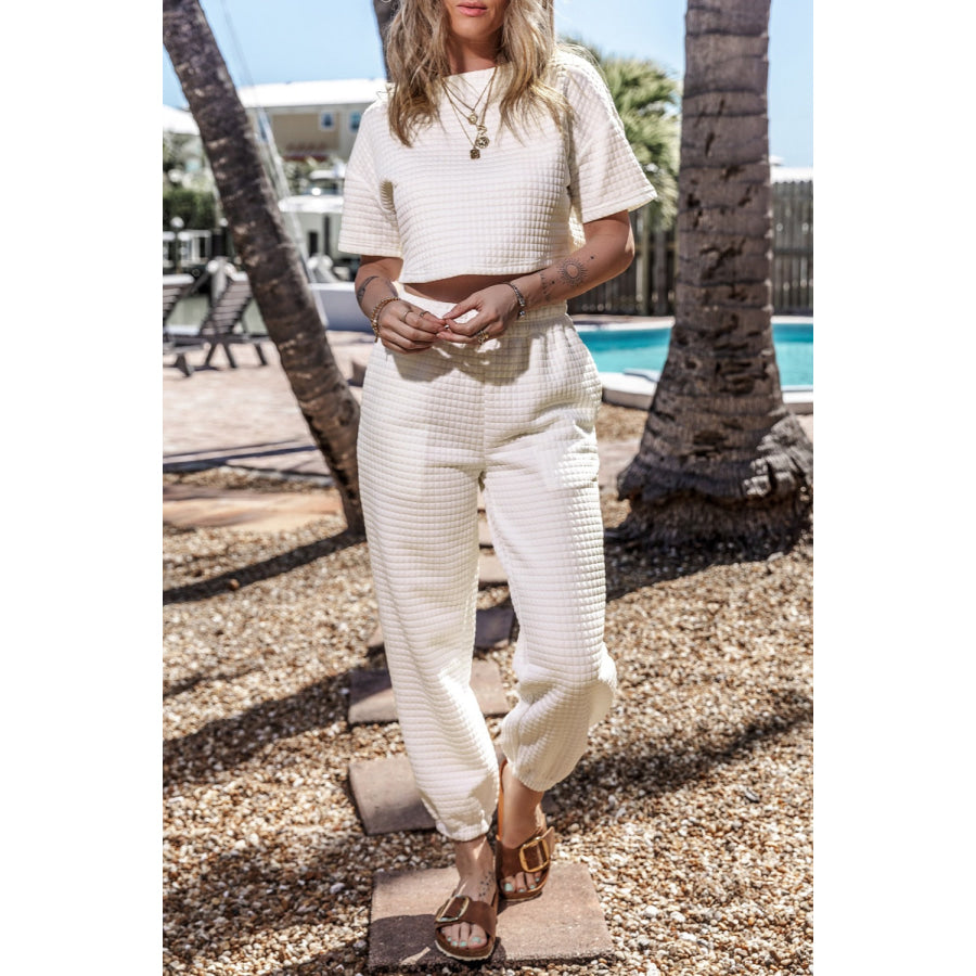 Round Neck Short Sleeve Top and Elastic Waist Pants Set White / S Apparel Accessories