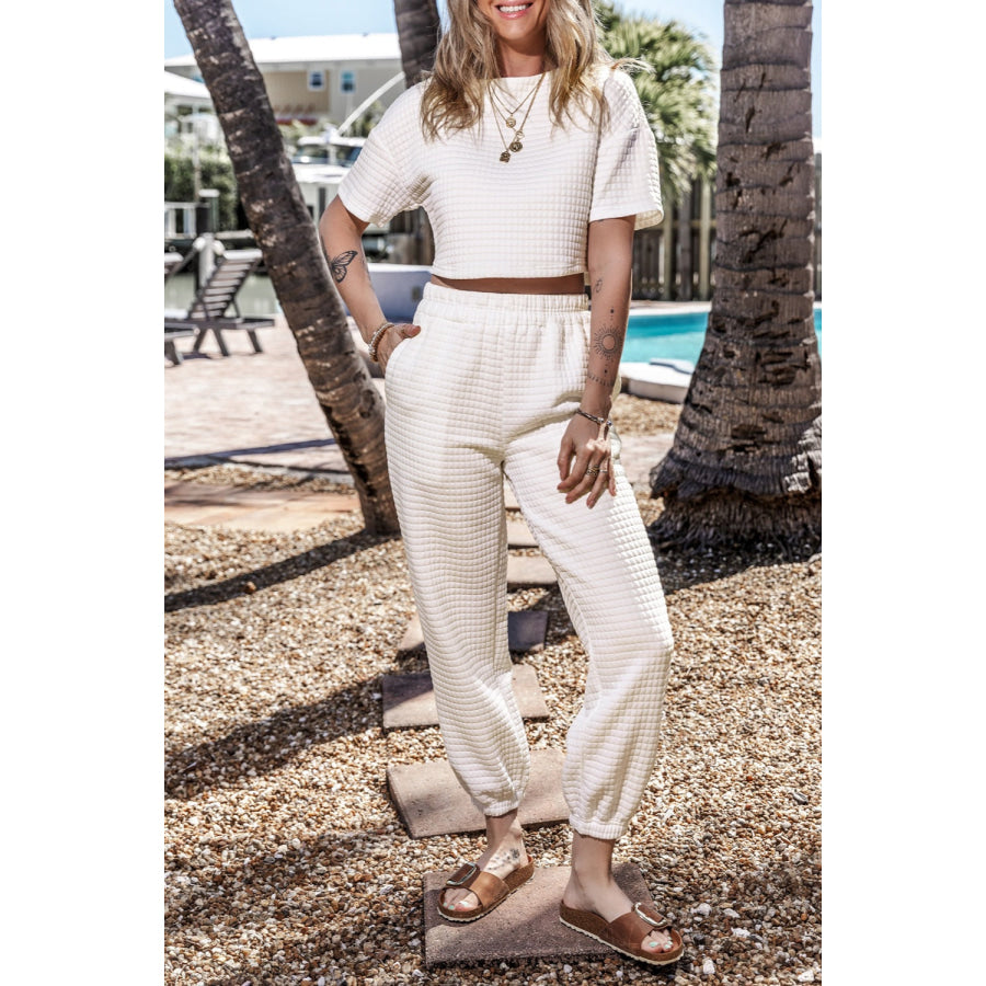 Round Neck Short Sleeve Top and Elastic Waist Pants Set White / S Apparel Accessories