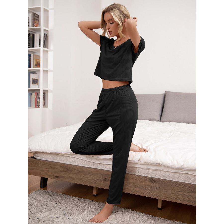 Round Neck Short Sleeve Top and Pants Lounge Set Black / S