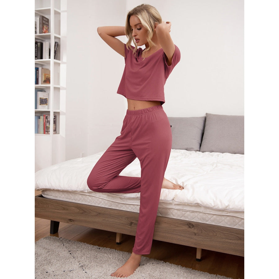 Round Neck Short Sleeve Top and Pants Lounge Set