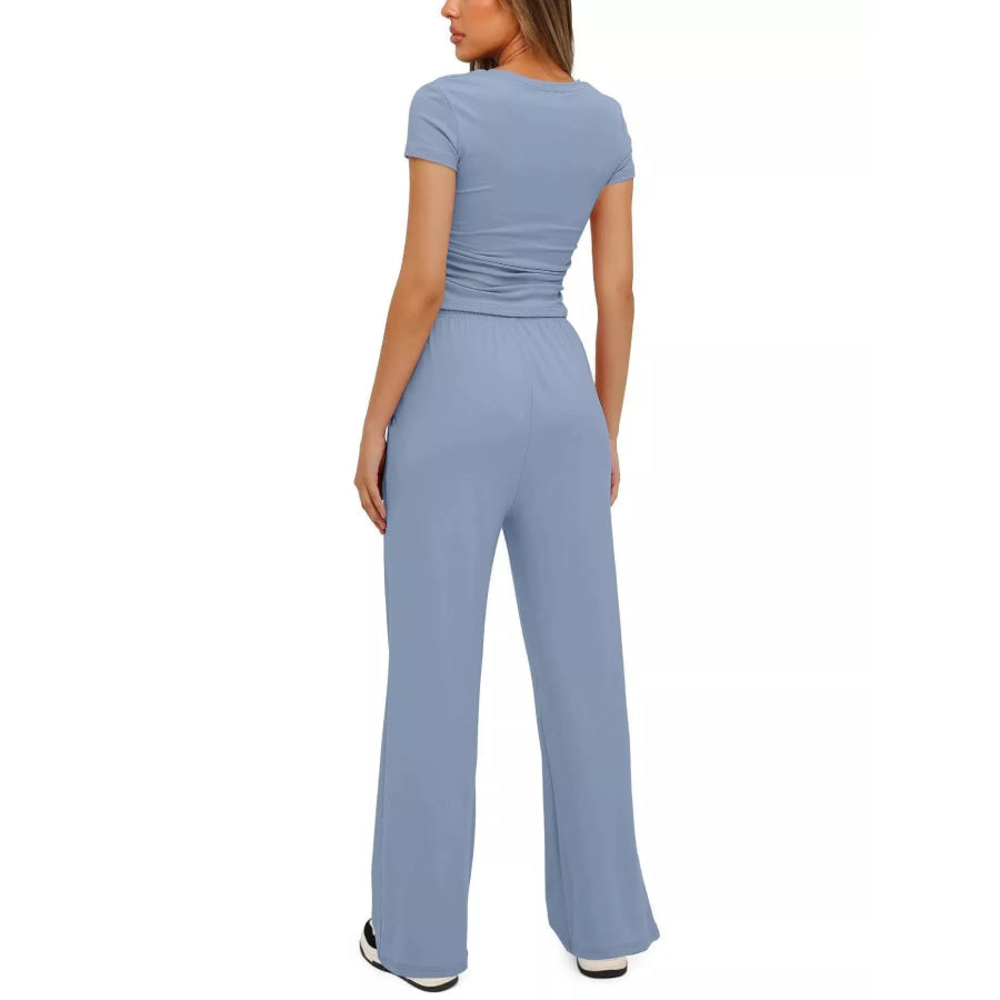Round Neck Short Sleeve Top and Pants Set Apparel and Accessories