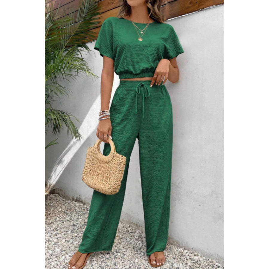 Round Neck Short Sleeve Top and Pants Set Apparel and Accessories