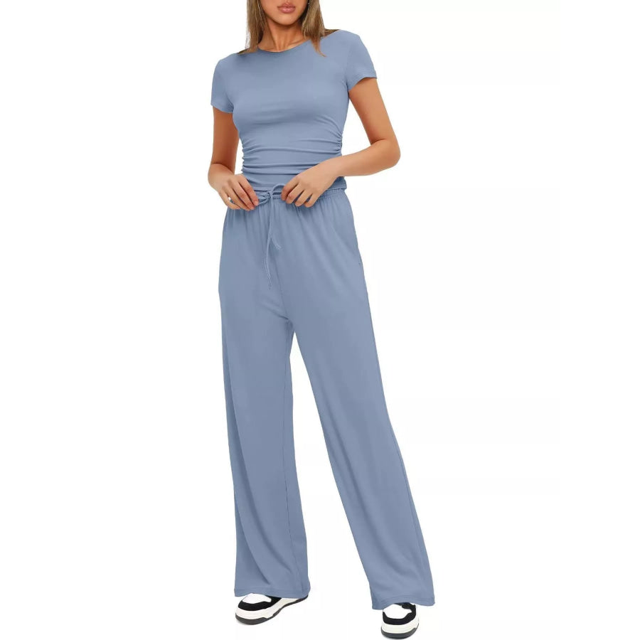 Round Neck Short Sleeve Top and Pants Set Apparel and Accessories