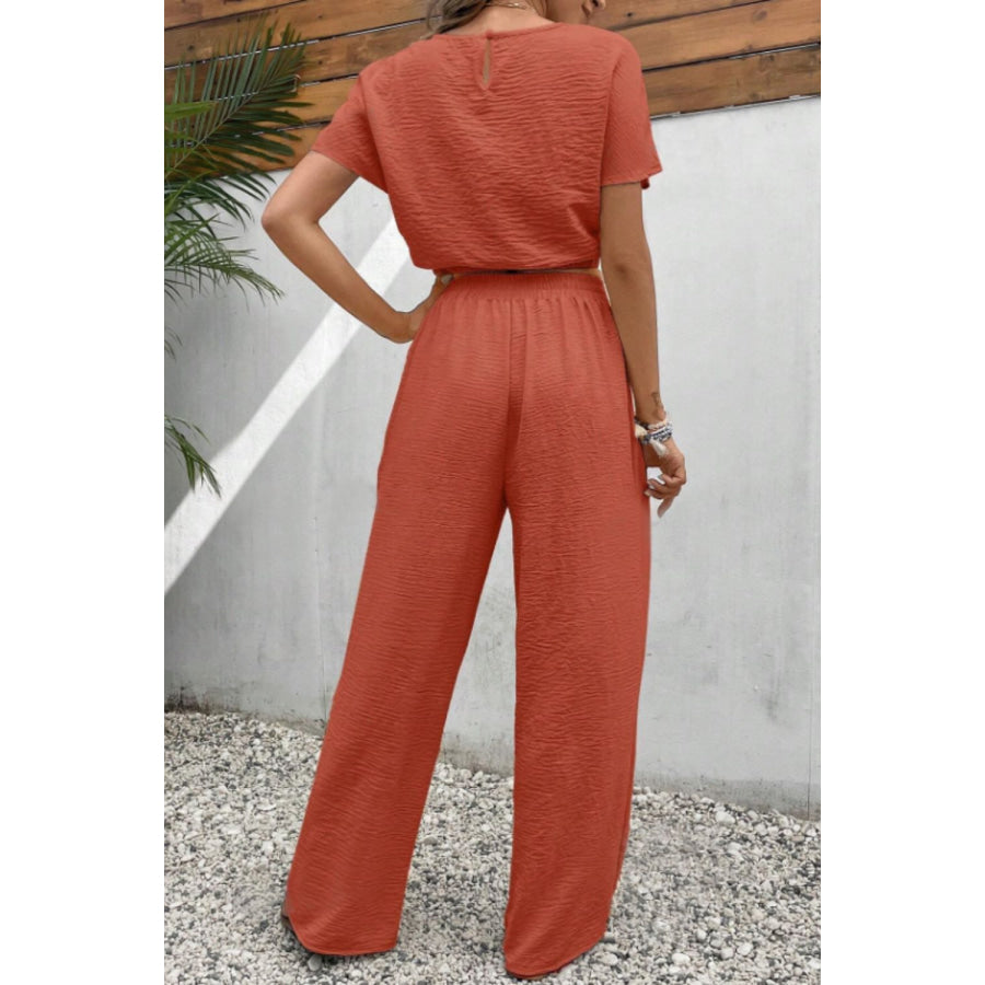 Round Neck Short Sleeve Top and Pants Set Apparel and Accessories