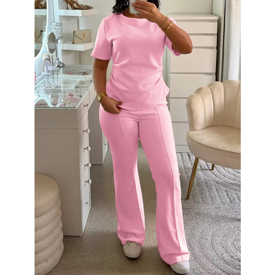 Round Neck Short Sleeve Top and Pants Set Pink Purple / S Apparel and Accessories
