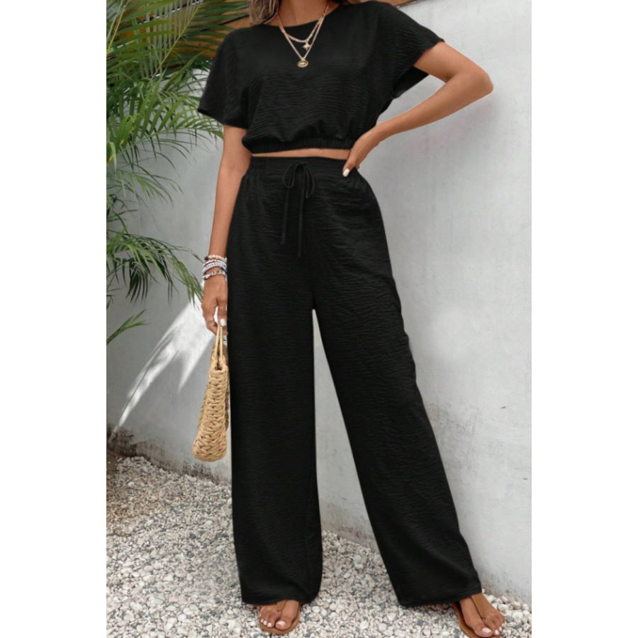 Round Neck Short Sleeve Top and Pants Set Apparel and Accessories