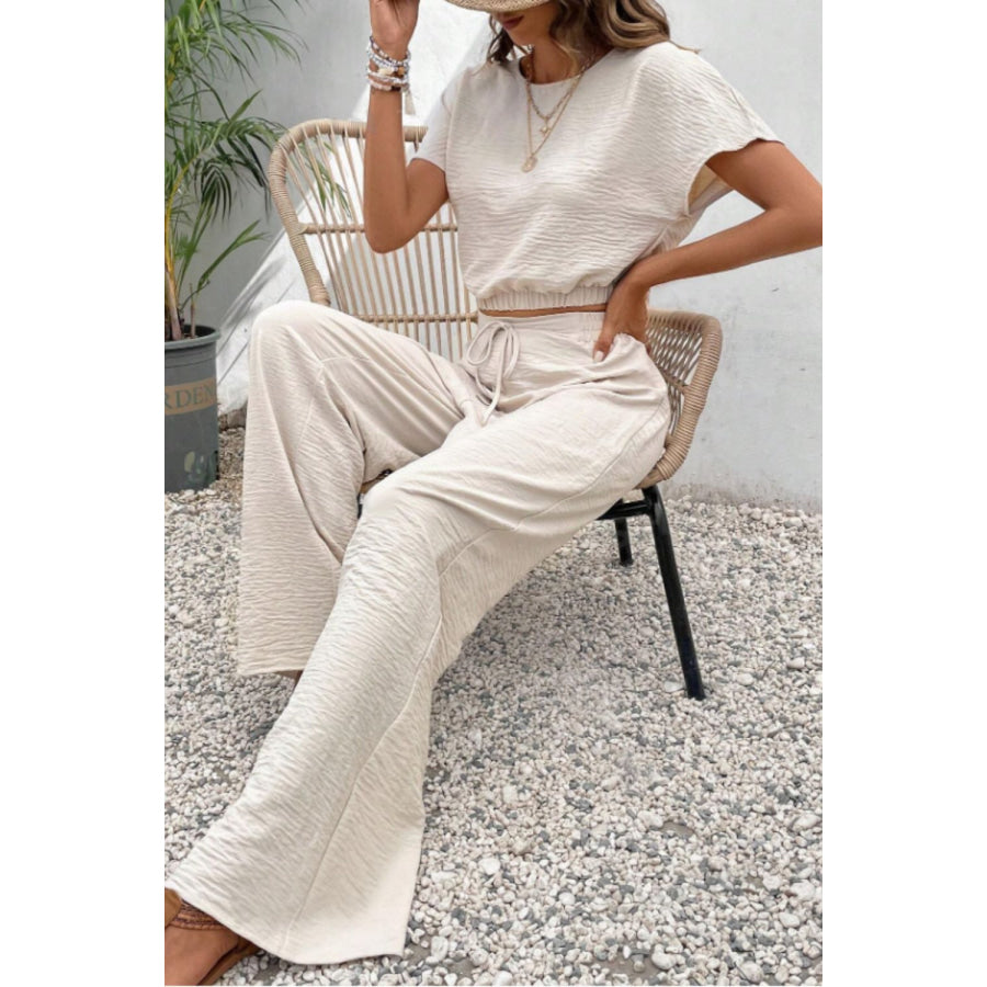 Round Neck Short Sleeve Top and Pants Set Apparel and Accessories