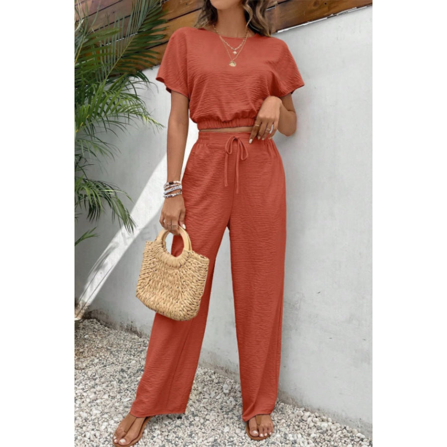 Round Neck Short Sleeve Top and Pants Set Apparel and Accessories