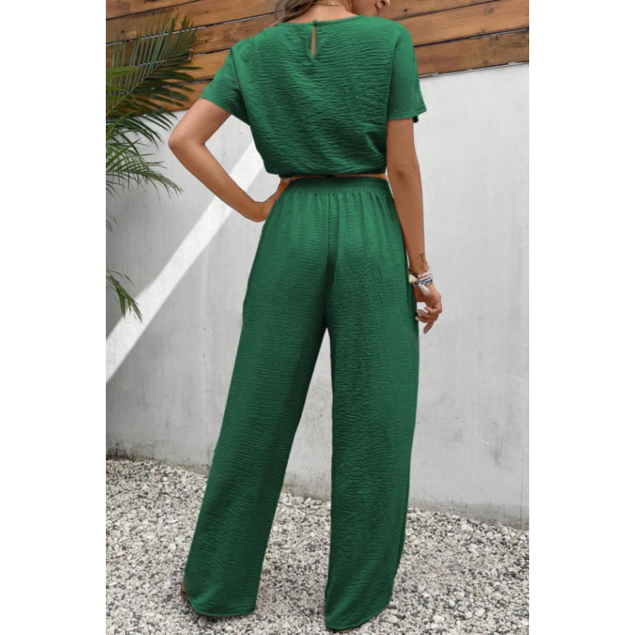 Round Neck Short Sleeve Top and Pants Set Apparel and Accessories