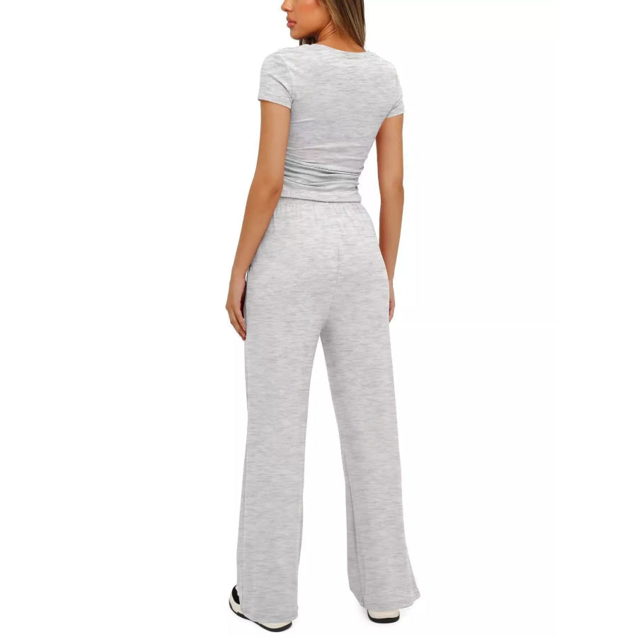 Round Neck Short Sleeve Top and Pants Set Apparel and Accessories
