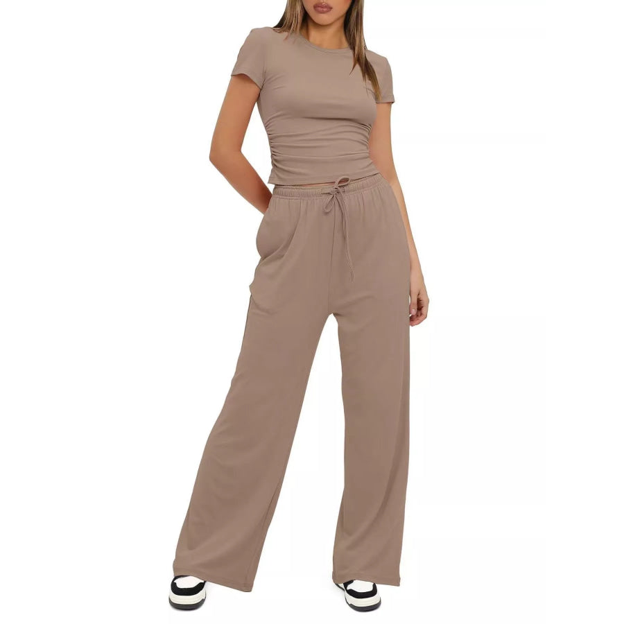 Round Neck Short Sleeve Top and Pants Set Apparel and Accessories
