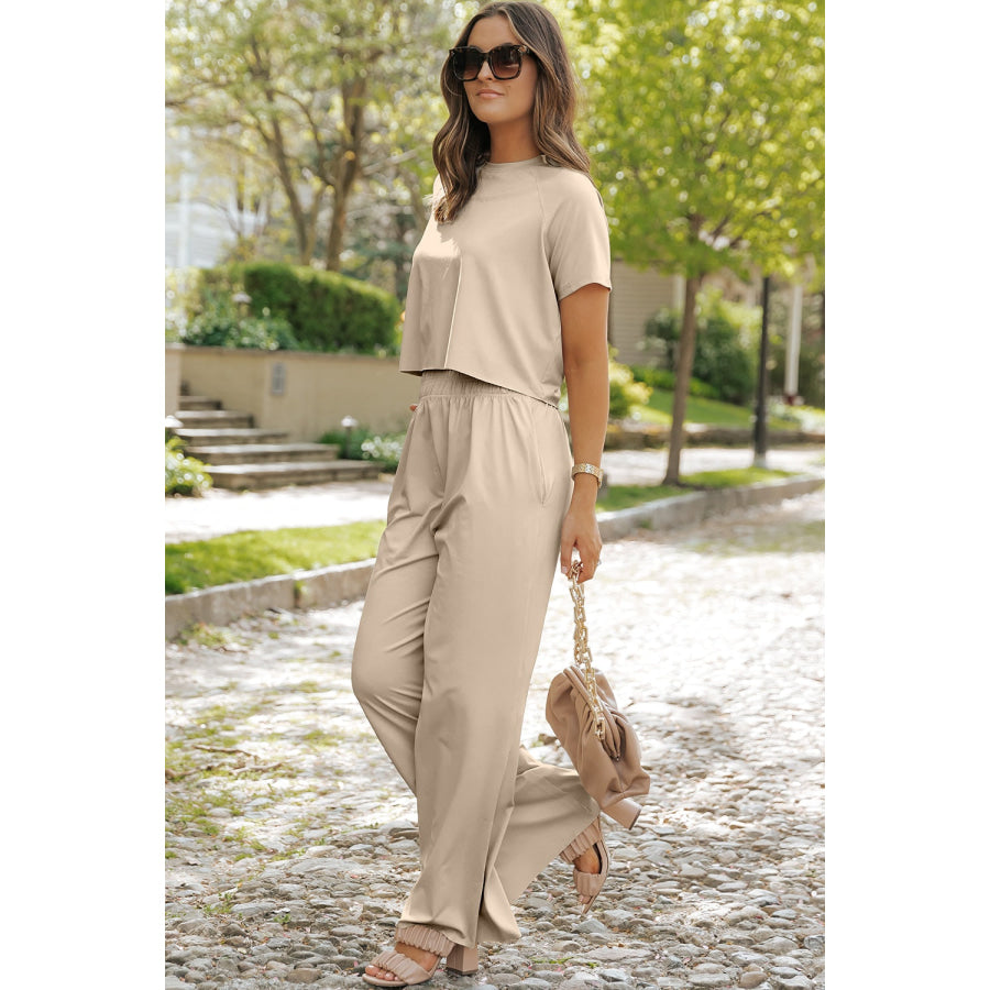 Round Neck Short Sleeve Top and Pants Set Eggshell / S Apparel and Accessories