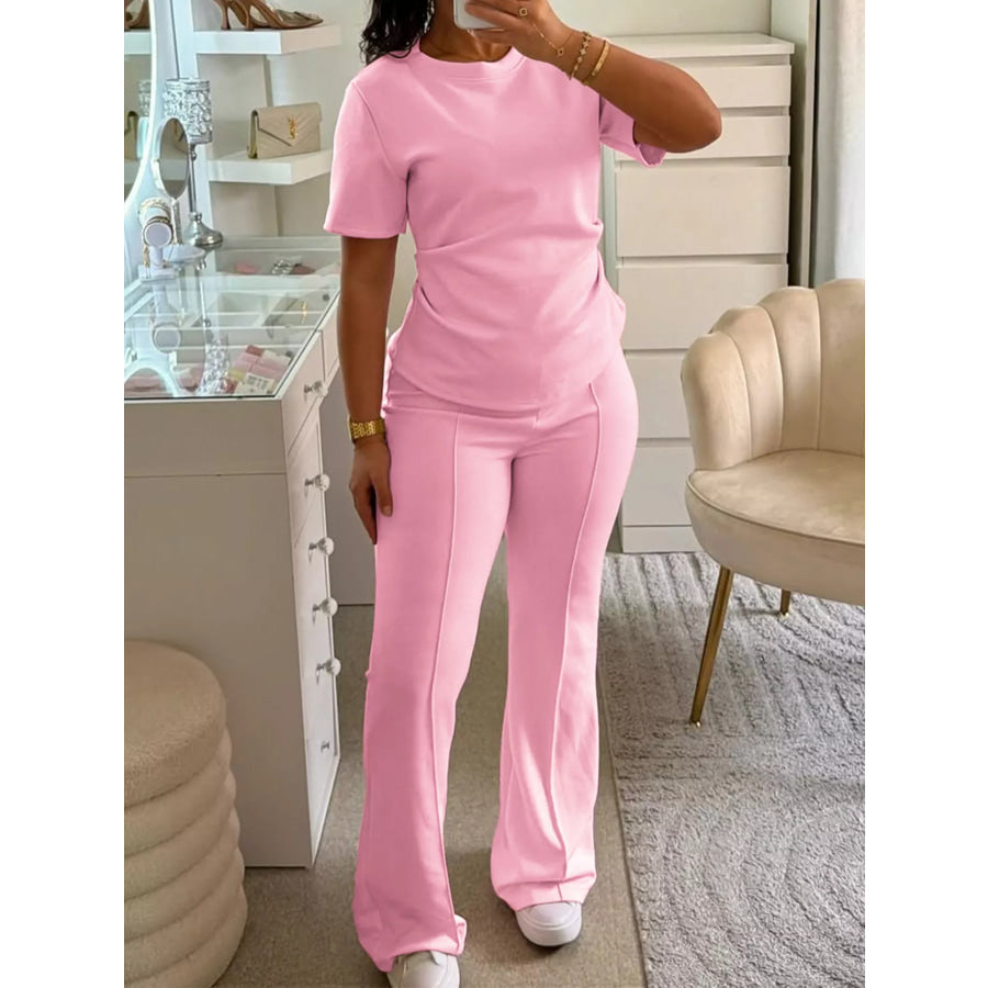 Round Neck Short Sleeve Top and Pants Set Apparel and Accessories