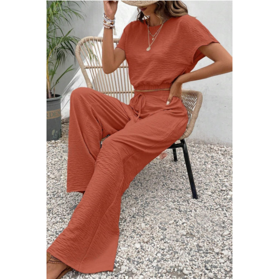 Round Neck Short Sleeve Top and Pants Set Apparel and Accessories
