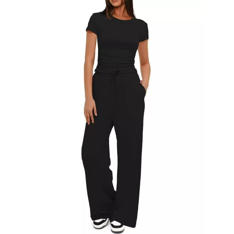 Round Neck Short Sleeve Top and Pants Set Apparel and Accessories