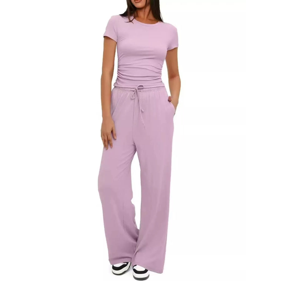 Round Neck Short Sleeve Top and Pants Set Apparel and Accessories