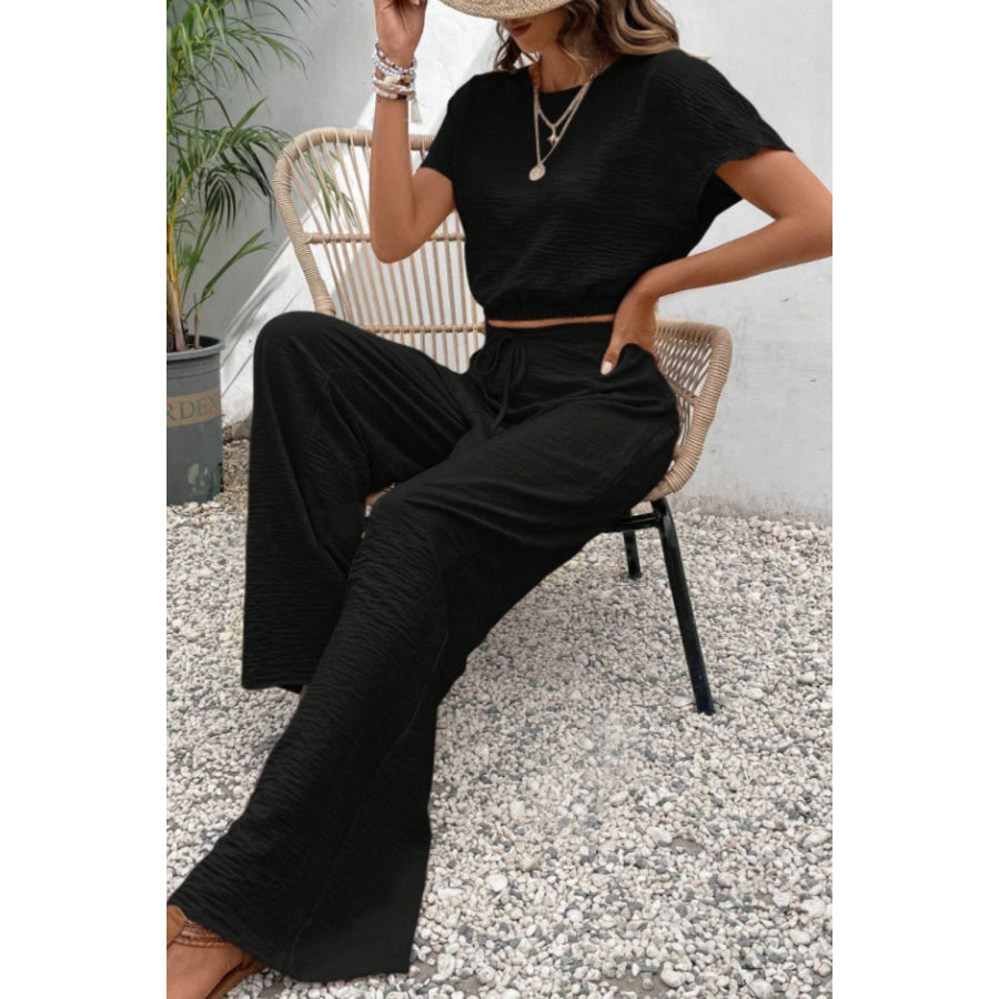 Round Neck Short Sleeve Top and Pants Set Apparel and Accessories
